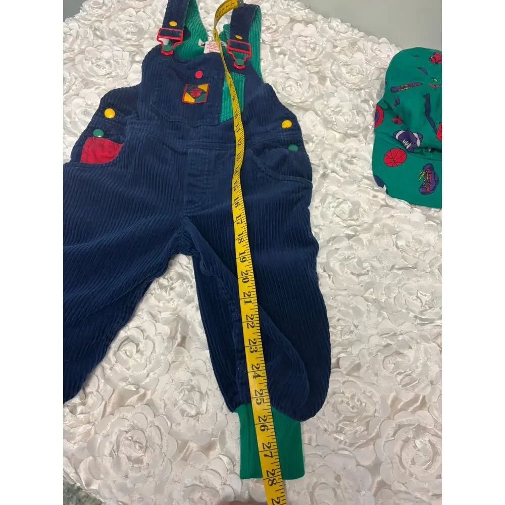 Vtg 90s Gymboree Rainbow Tag Colorblock Corduroy Overalls & Hat Set 18-24M Small